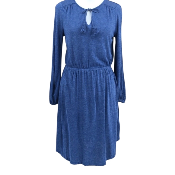 BODEN Women's Jersey Day Dress Blue Tassles Linen Bend V-Neck Size 6R - Picture 3 of 8